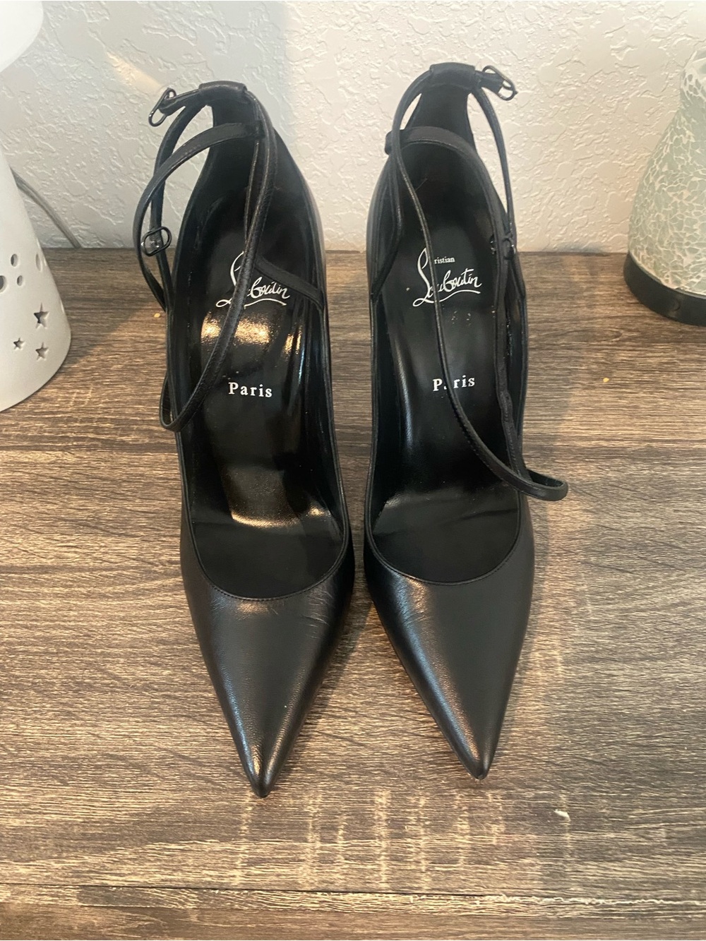 Christian Louboutin Black Pointed Leather Ankle-Tie Pumps